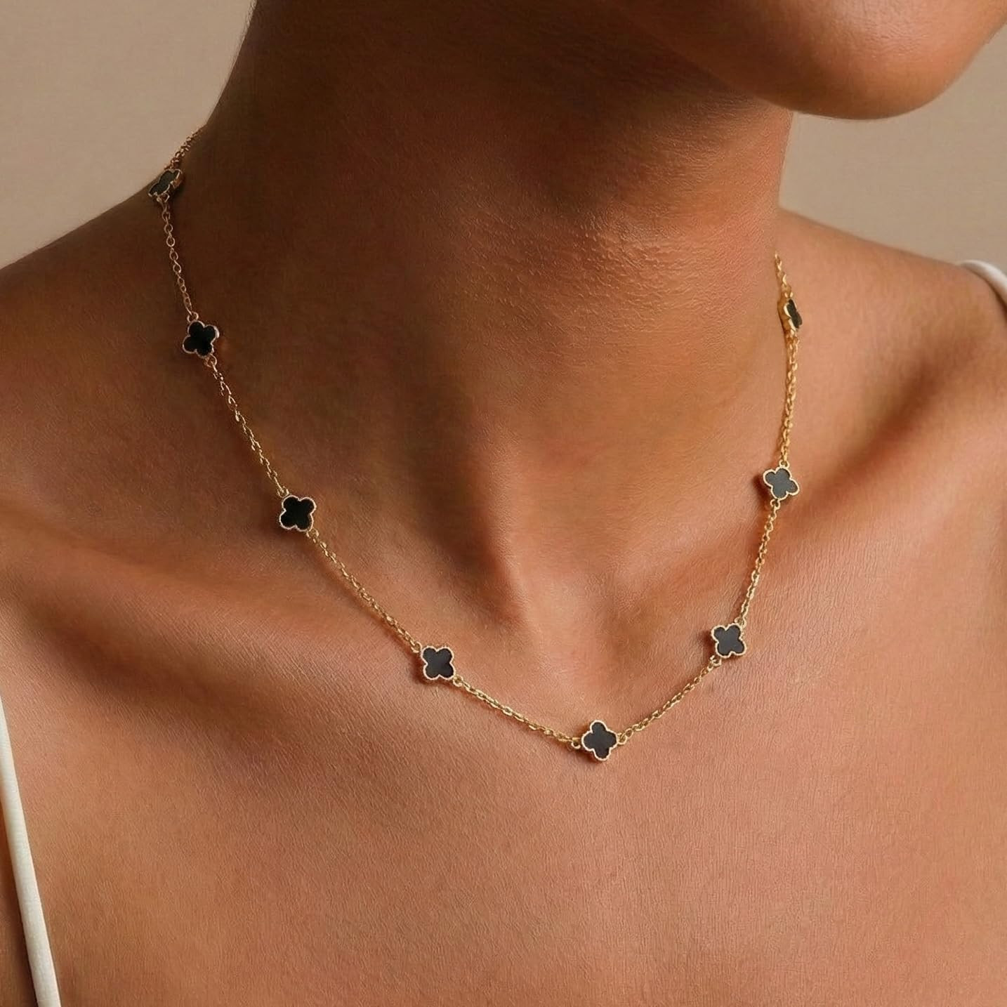 14K Gold Plated Tiny Clovers Necklace for Women, Very Small Dainty Gold Plated 4