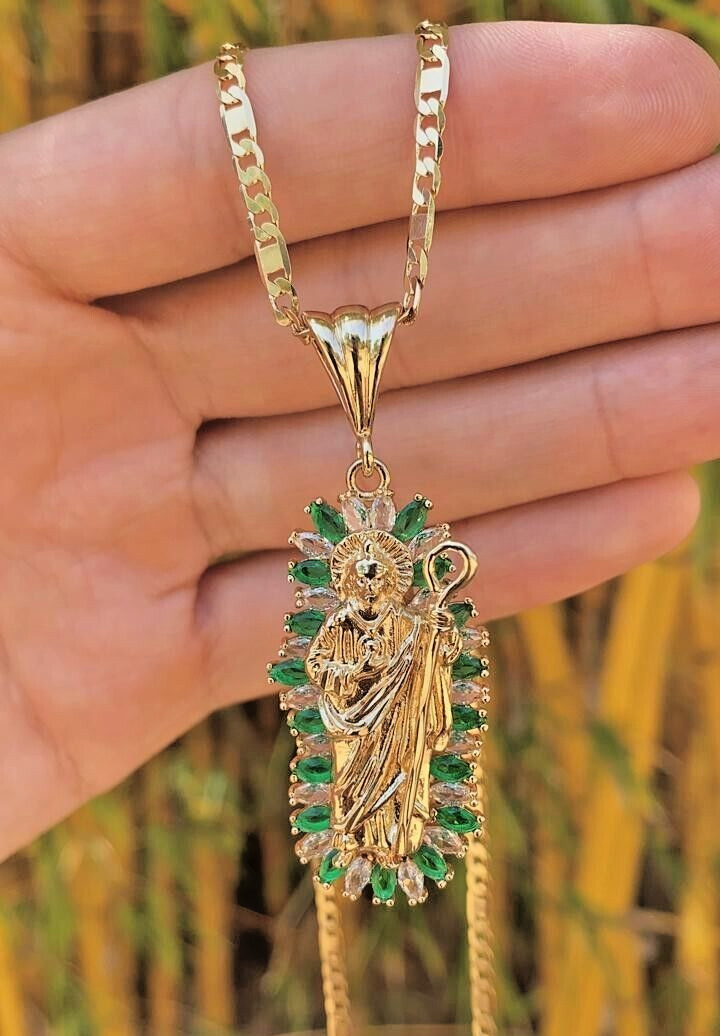 San Juditas CZ Necklace 24″ Figaro Valentino Chain Pendant Mens Adults Cadena