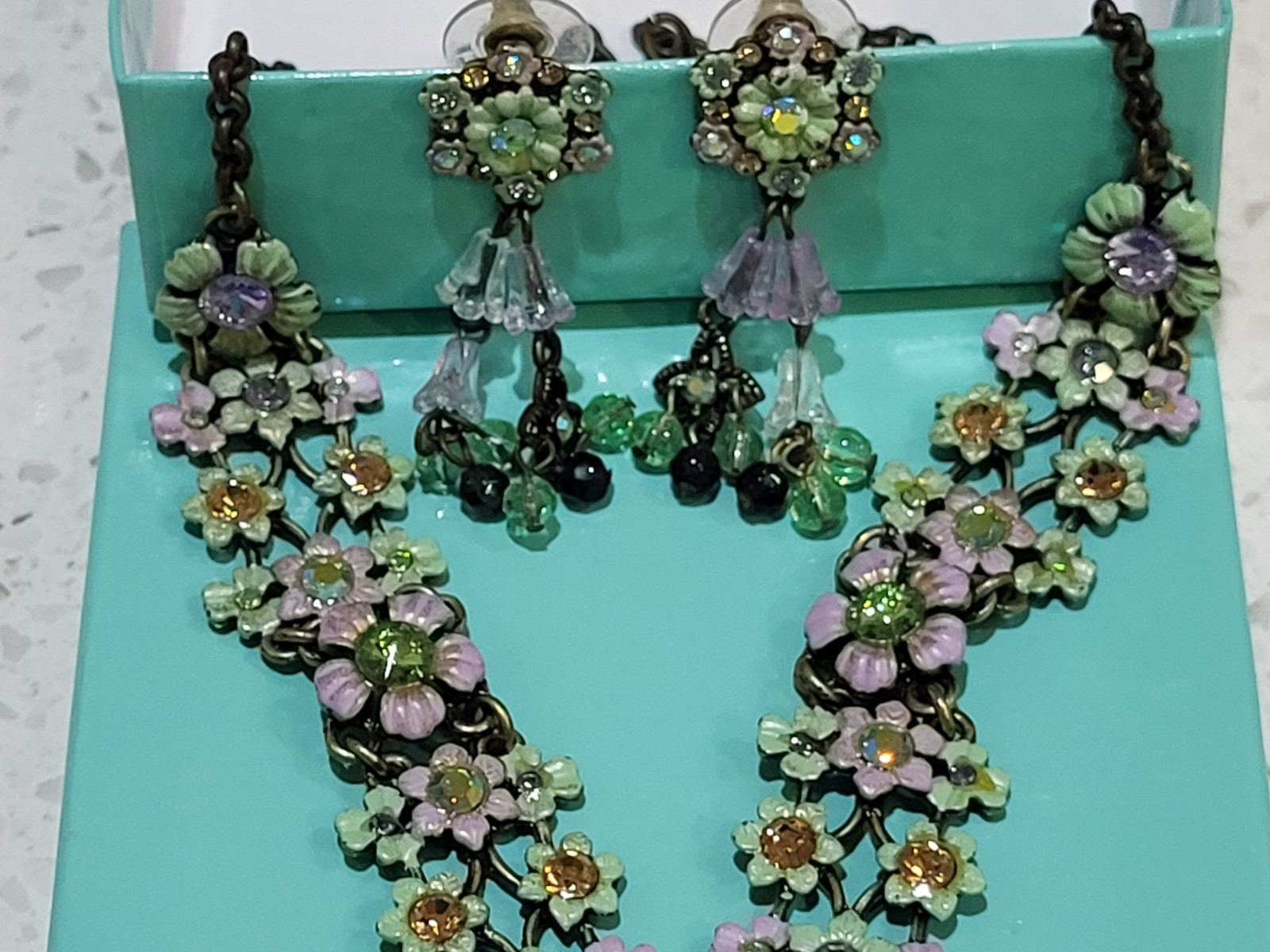 Vtg necklace, earring set Michael Morrison signed MX floral enamel with crystals