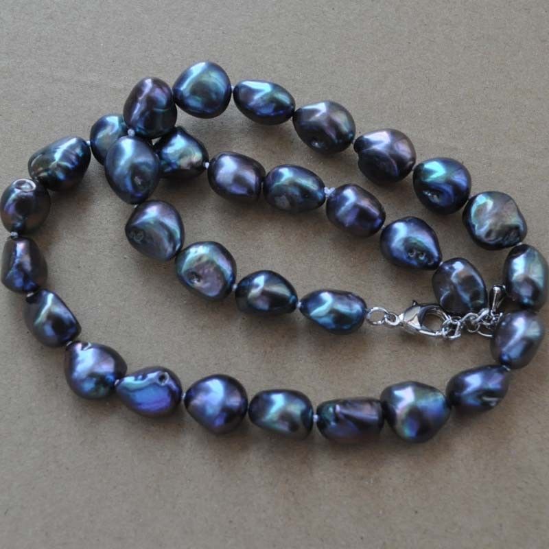 Natural 8-9mm Peacock Black Freshwater Cultured Baroque Pearl Necklace 18”