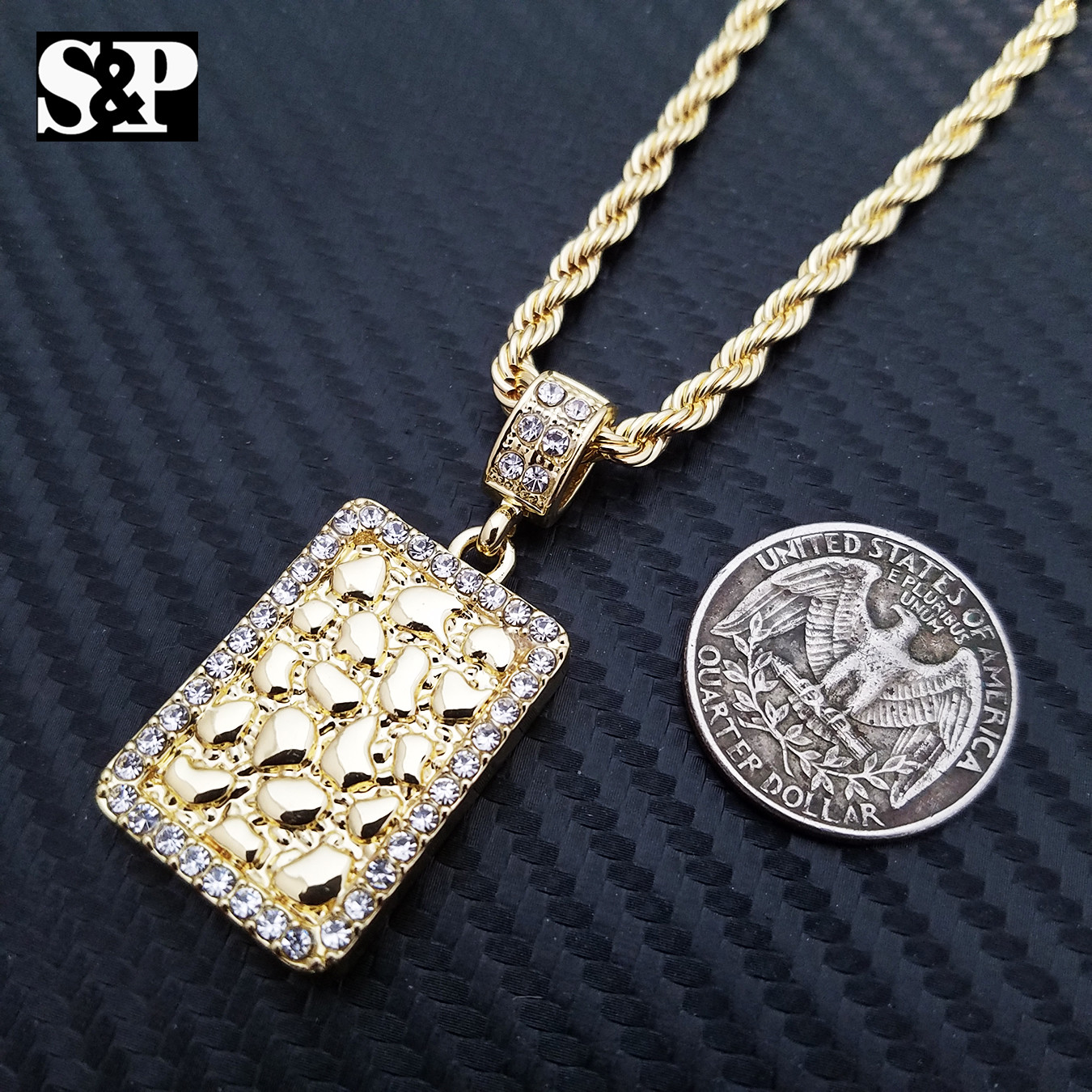 Hip Hop Iced Gold Plated Golden Nugget Bar Pendant & 24″ Rope Chain Necklace
