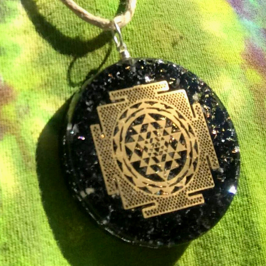 Black Tourmaline Pendant Sri Yantra Orgonite Gemstone Necklace Orgone Energy