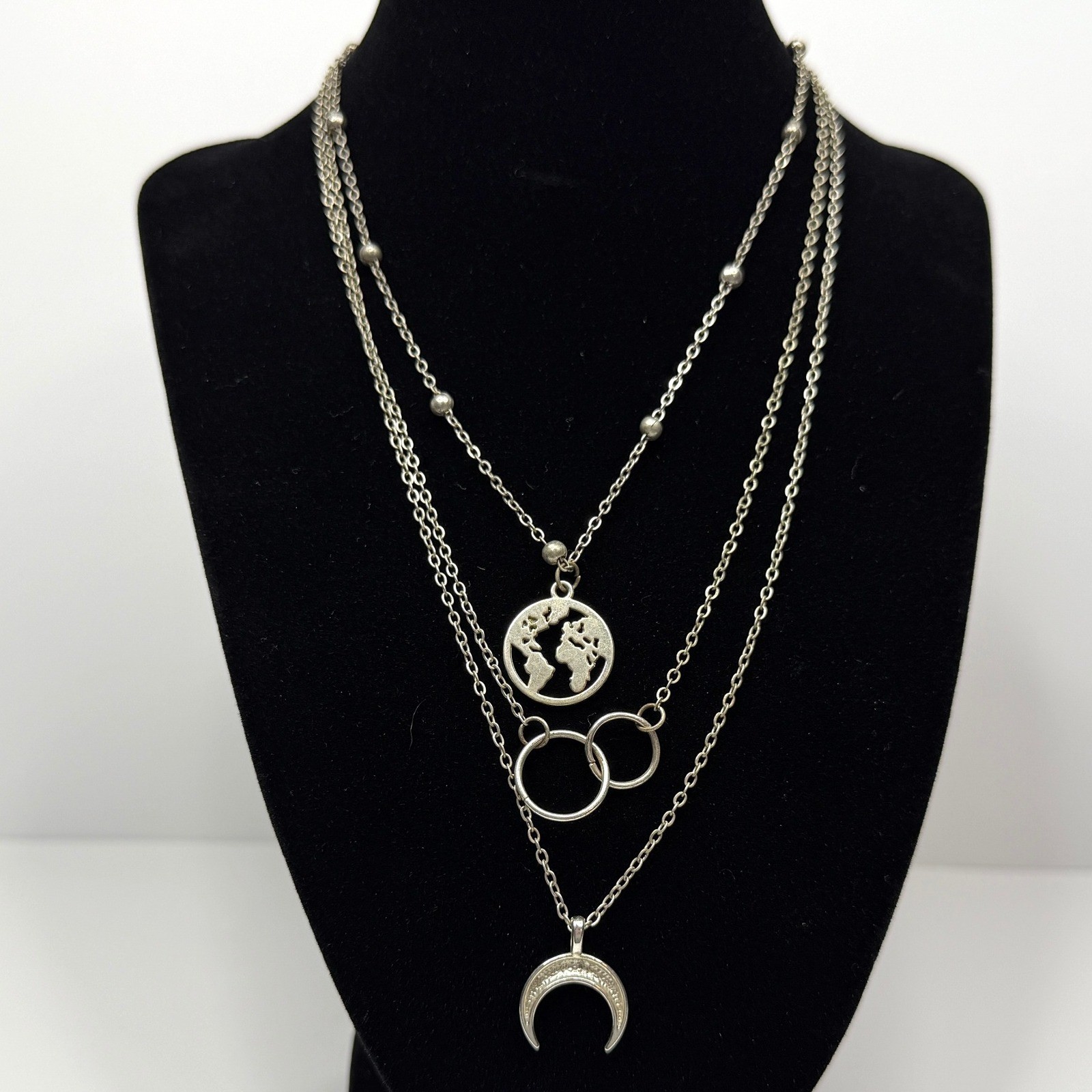 Layered Crescent Charm Pendants Necklace Silver Tone Globe Circle Jewelry 9.5 in