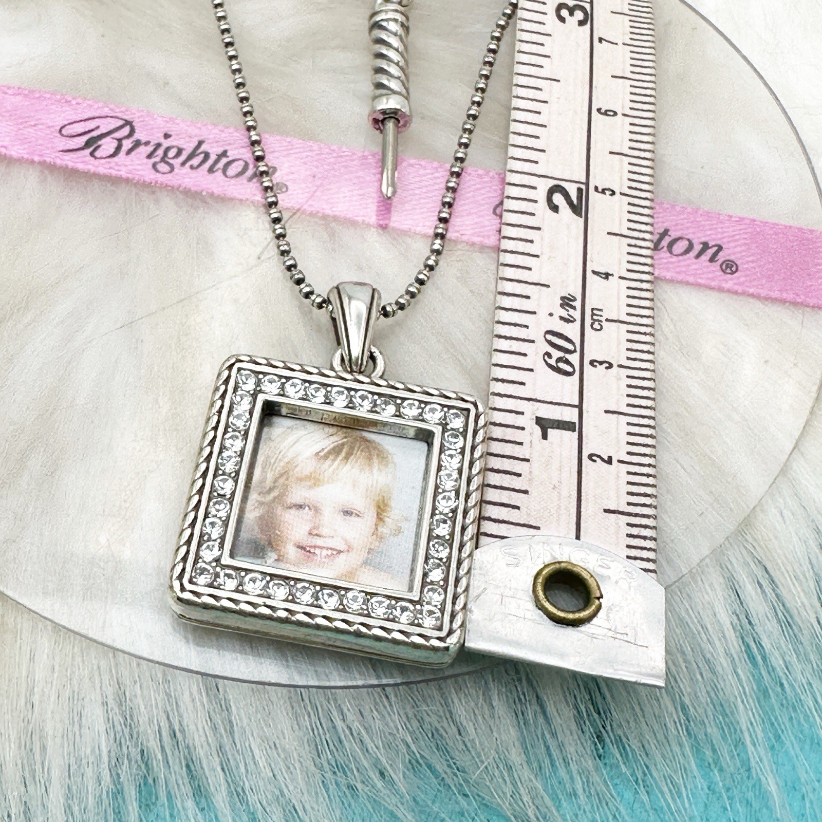 Brighton Momento Crystal Square Photo Locket Pendant Silver Plate Necklace