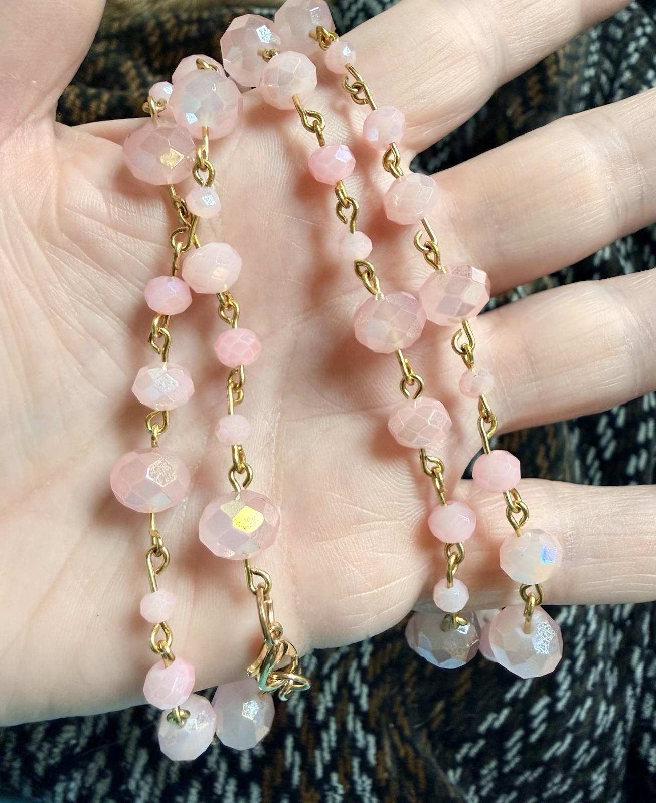 Pink Faceted Crystal Bead Necklace Gold-Tone Cable Chain Lobster Clasp