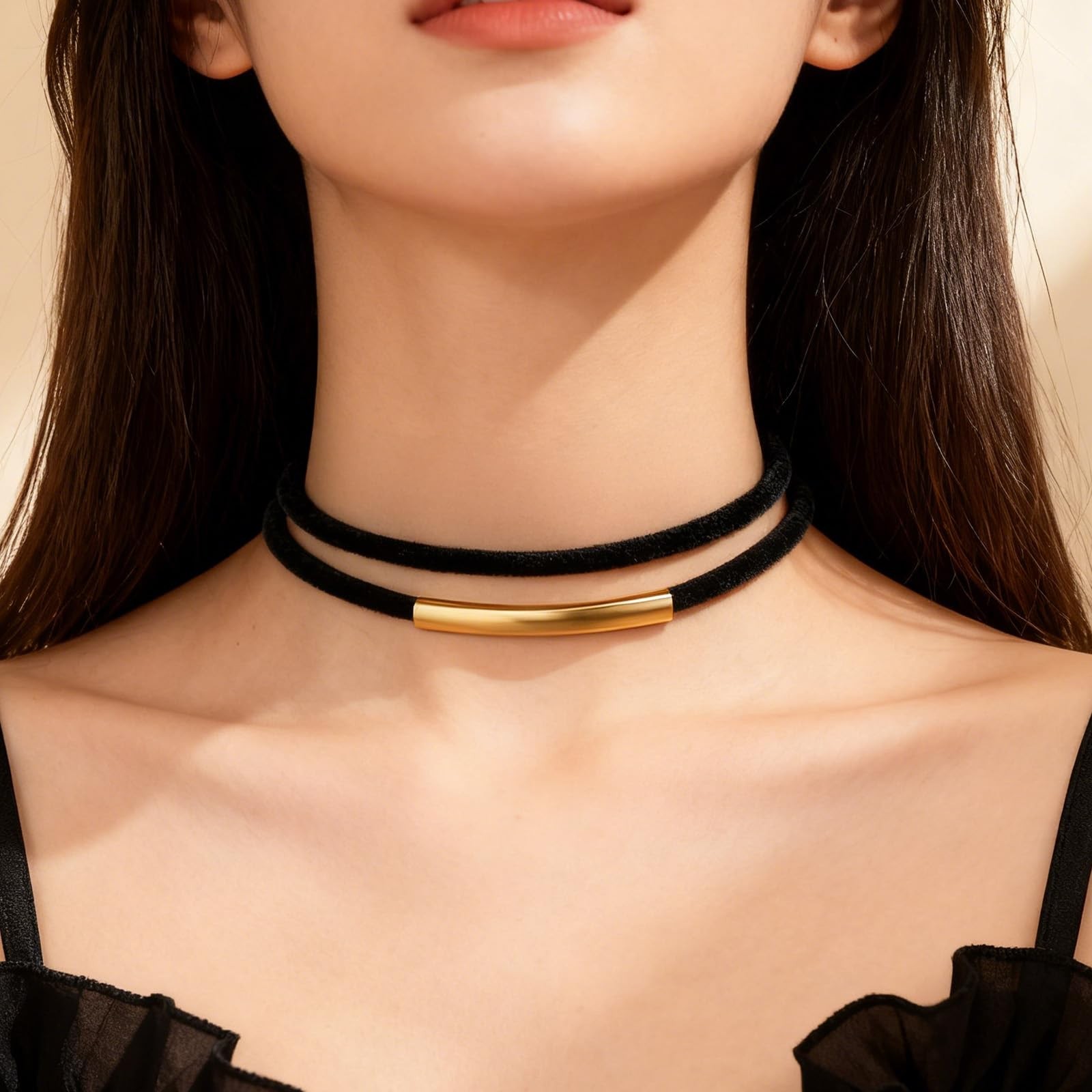 Xosjska 2 PCS Velvet Choker Necklace, Double Layer Medium, black,gold,silver