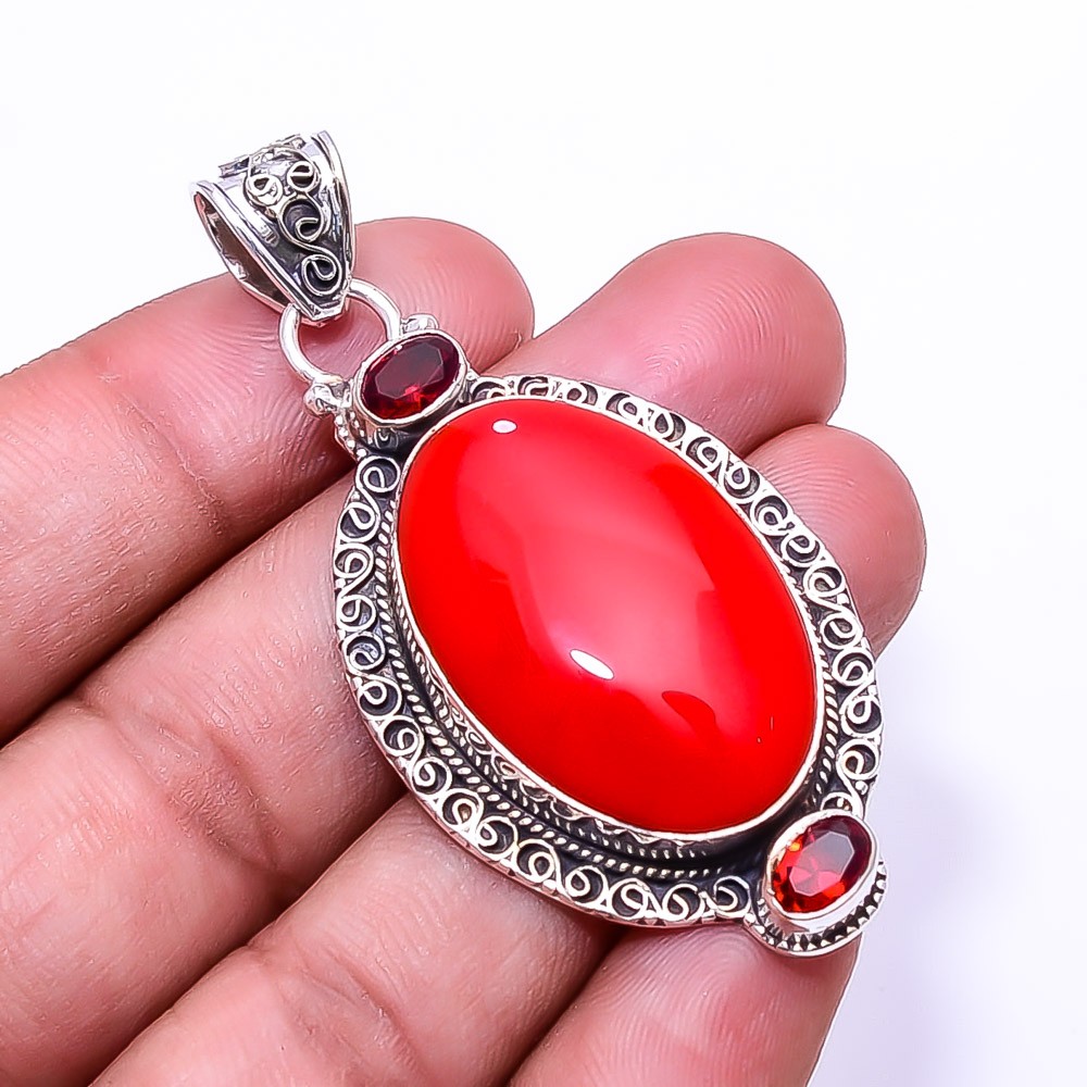 Red Coral & Red Garnet Fine Art Gemstone 925 Sterling Silver Pendant 2.46″ P56