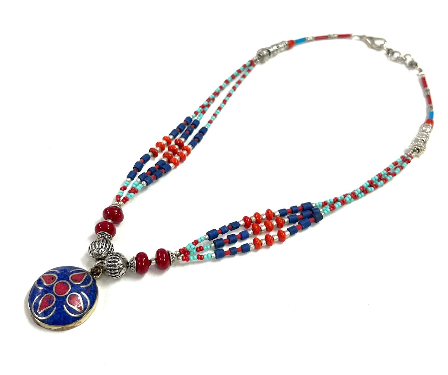 Antique Lapis Lazuli Coral Gemstone Tibetan Necklace Jewelry, 17 Inch Adjust
