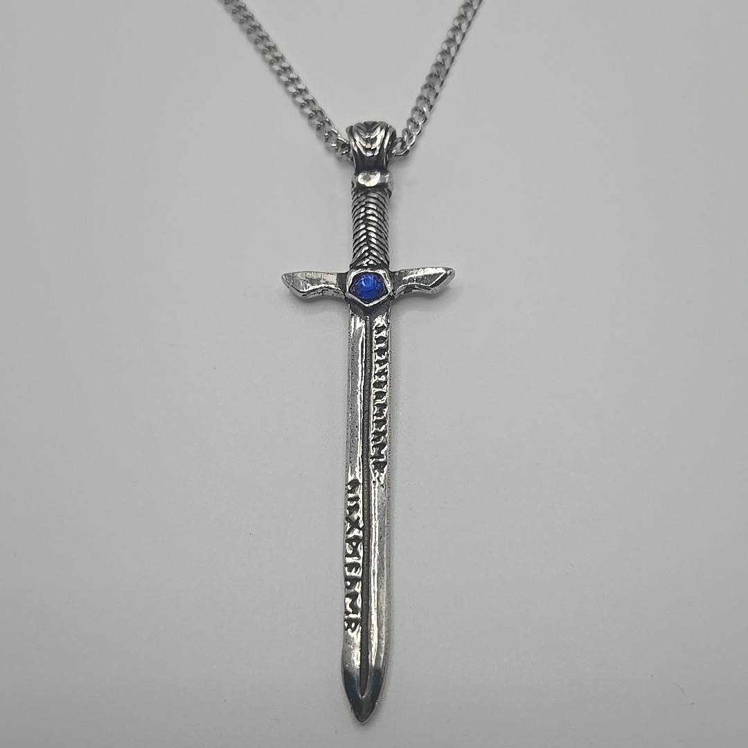 SWORD / BLUE STONE Pewter Pendant Charm /18″-24″ STAINLESS CURB CHAIN NECKLACE