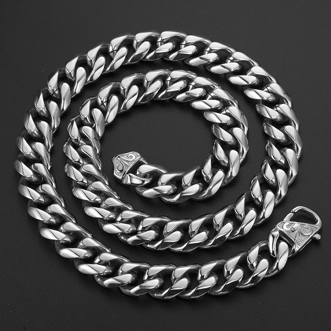 13/15mm Heavy Cut Men’s 316L Stainless Steel Curb Cuban Chain Necklace Bracelet