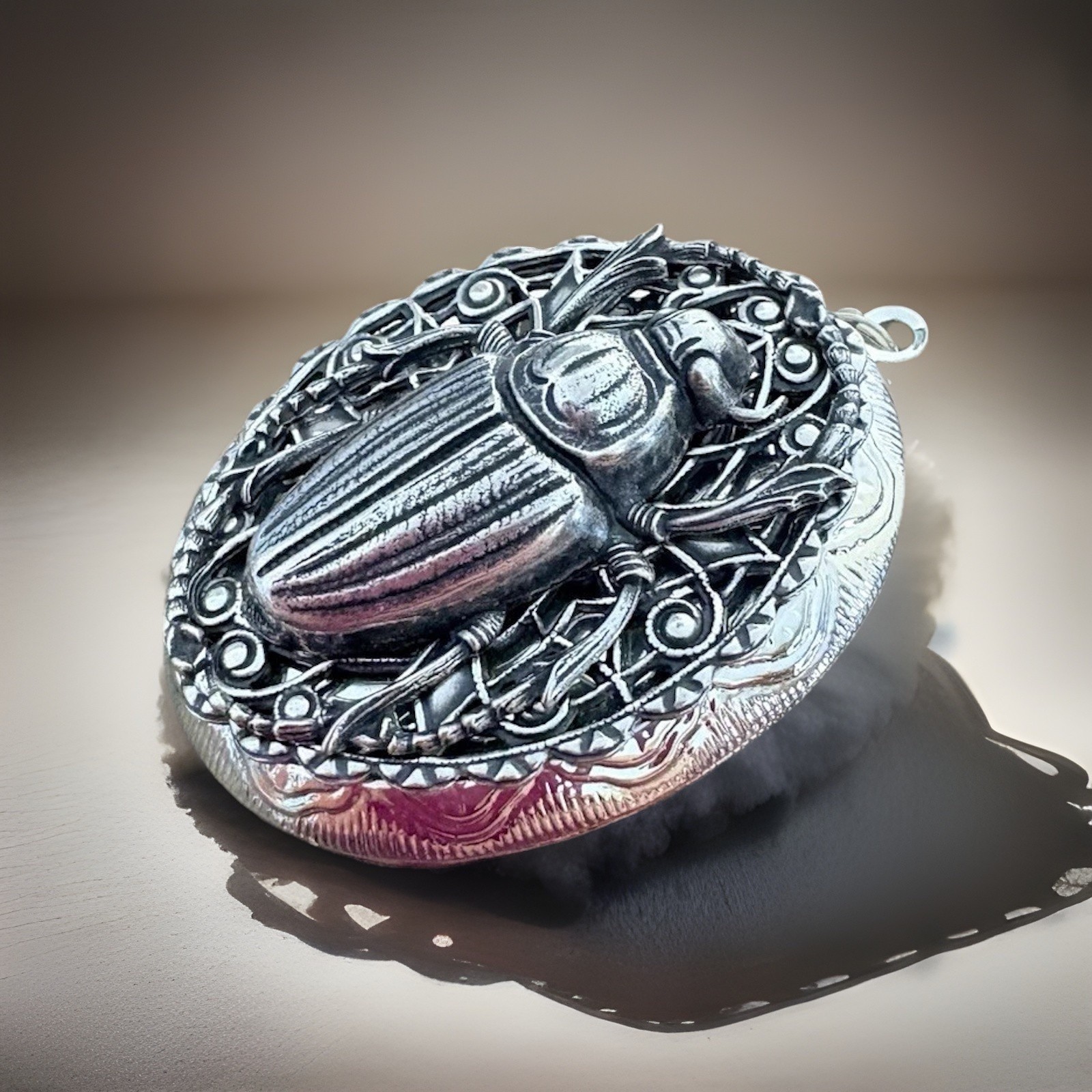 Scarab Beetle Locket Necklace, Memorial Ashes Photo Keepsake Art Nouveau Pendant