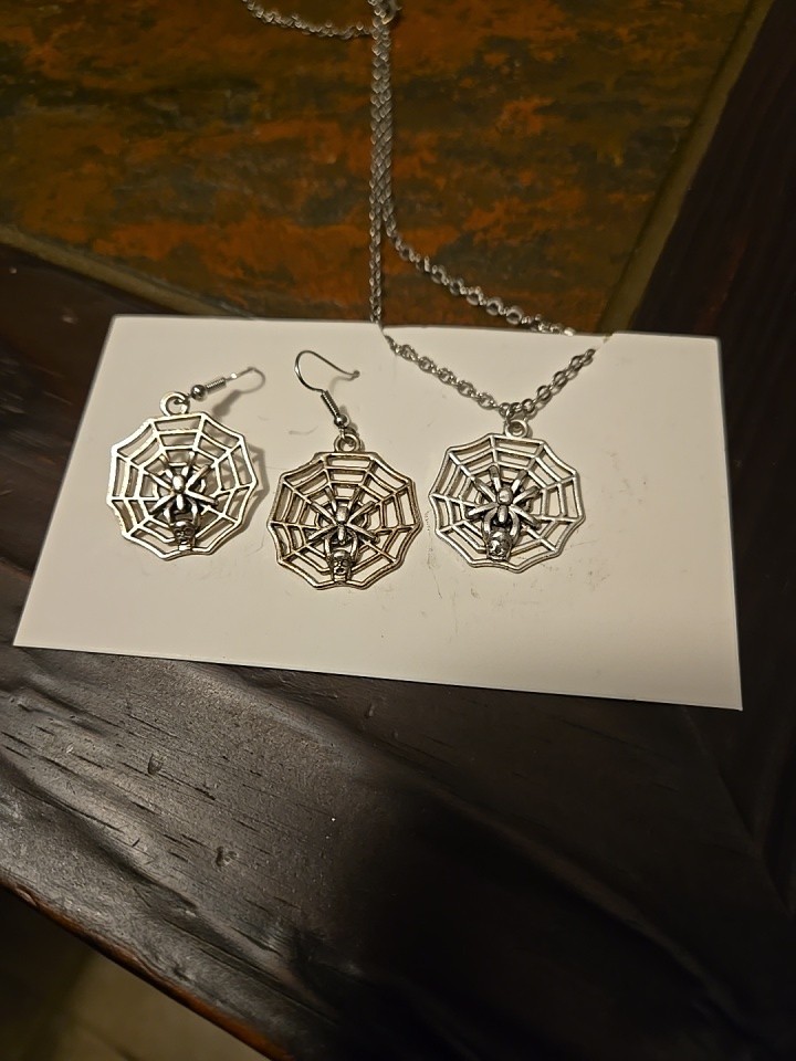 Necklace And Earrings Spiderweb Charm Halloween or Anytime