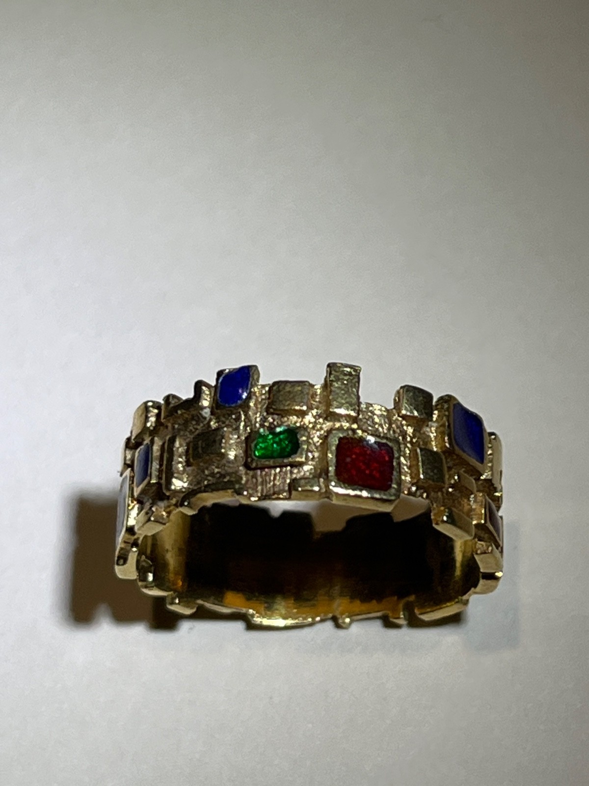 1970s modernist 14k gold geometric multi gemstone mosaic band estate piece