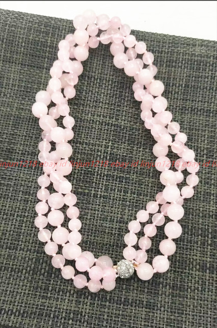 Pretty 3 Rows Natural 8+10mm Pink Jade Gemstone Round Beads Necklace 18in