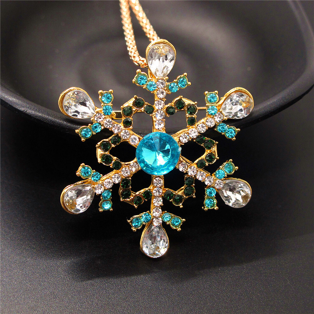 Fashion Women Rhinestone Blue Christmas Snowflakes Pendant Chain Necklace