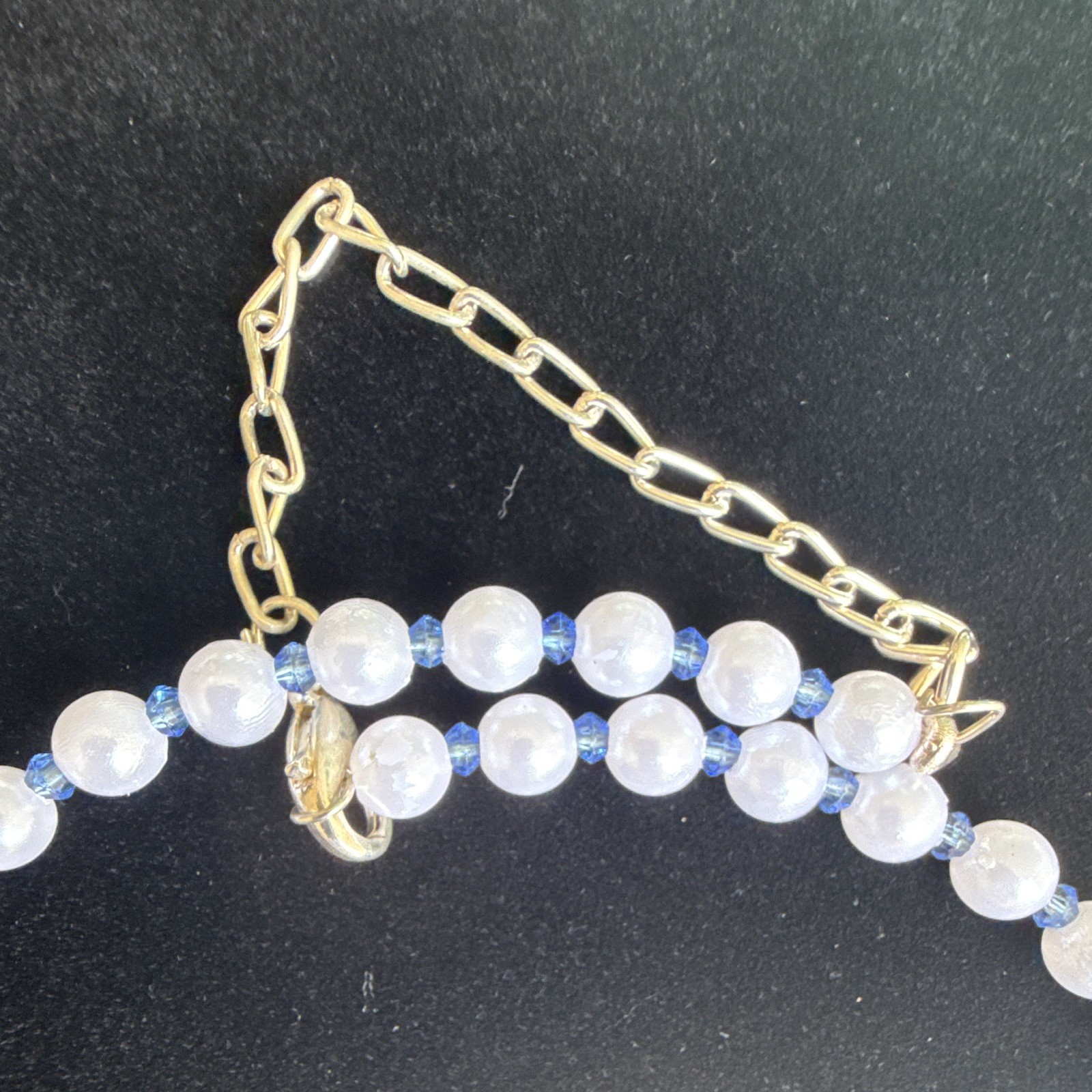 White Beaded Necklace, Adjustable Cable Chain, Gold Tone Blue Teardrop Charm