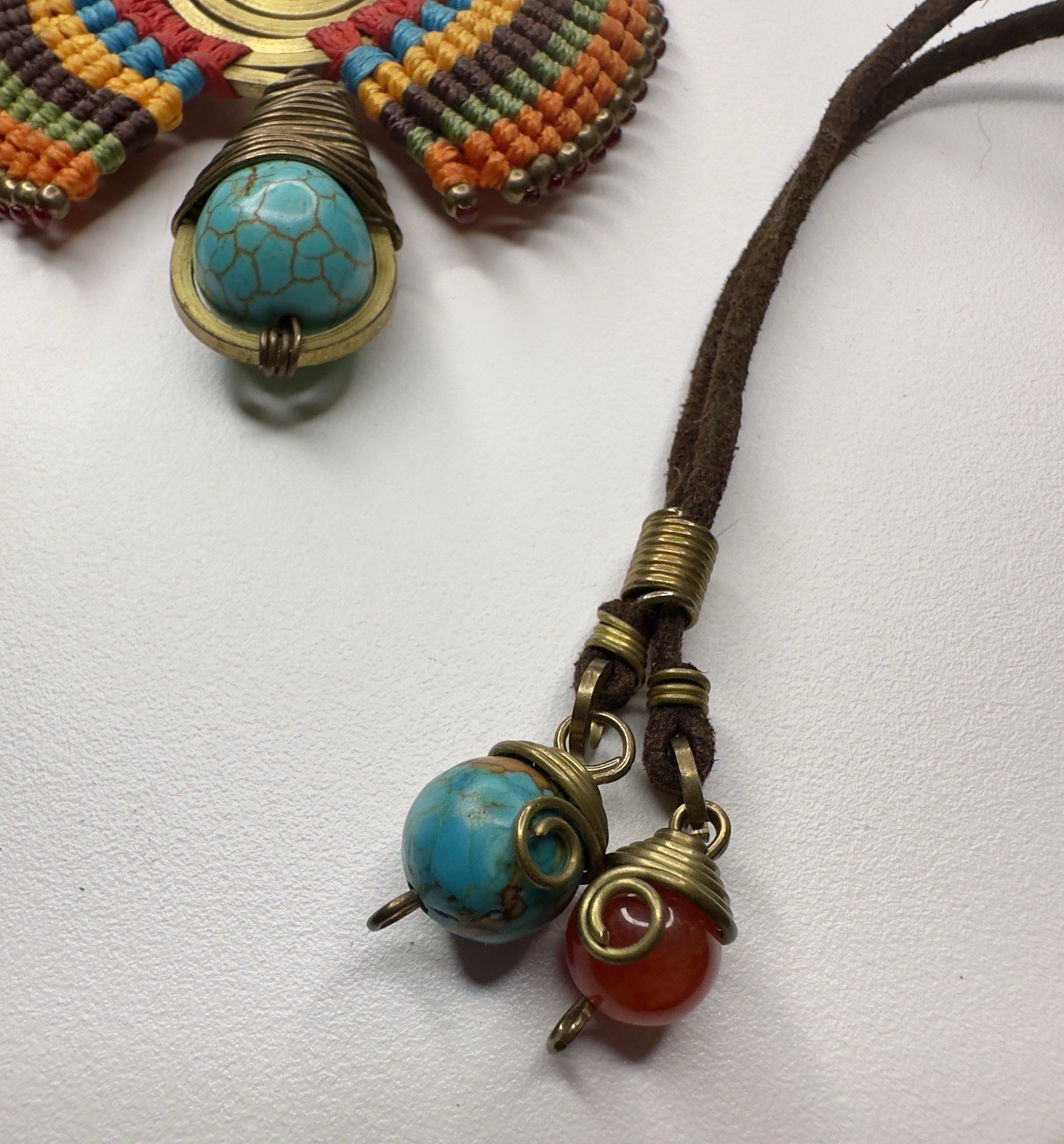 Tribal Path Turquoise Macrame Suede Handmade Necklace Evil Eye Artisan Nepal