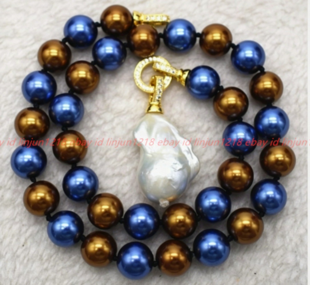 Pretty 8/10/12mm Brown Shell Pearl White Baroque Pearl Pendant Necklace 16-28in