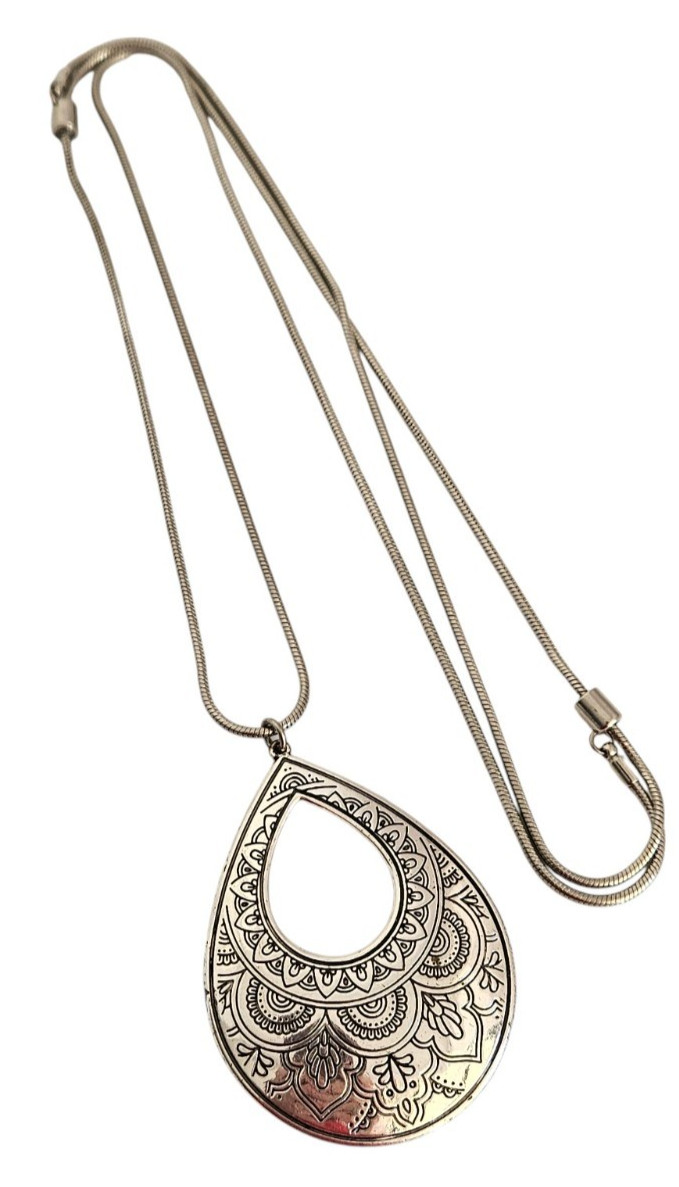 Silver Tone Engraved Medallion Snake Chain Adjustable Necklace 30″ plus