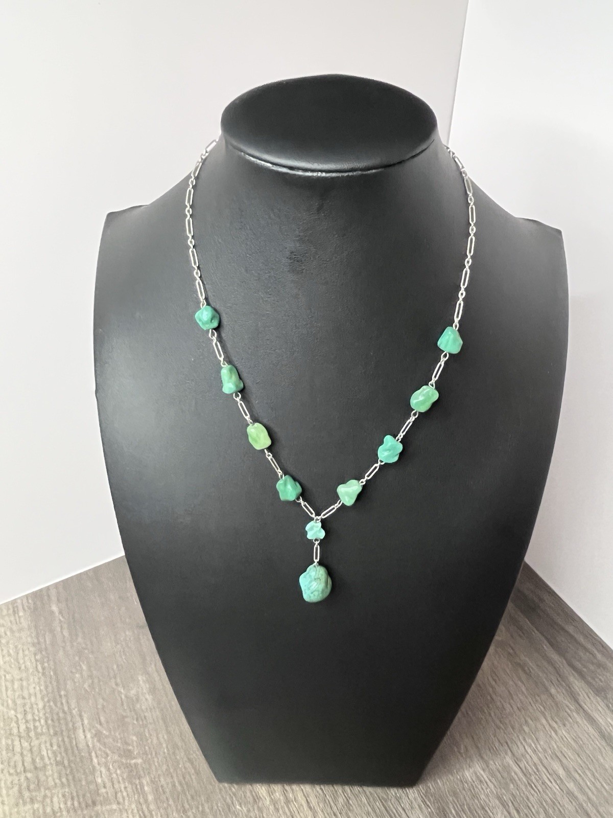 Vintage Turquoise Stone Silver Toned Paperclip Necklace 12-16 In Adjustable