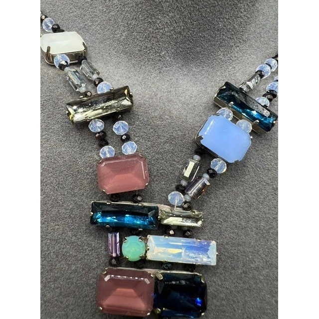 Rare Vtg J Crew Mixed Crystal Sea Glass Statement Necklace Asymmetric Iridescent
