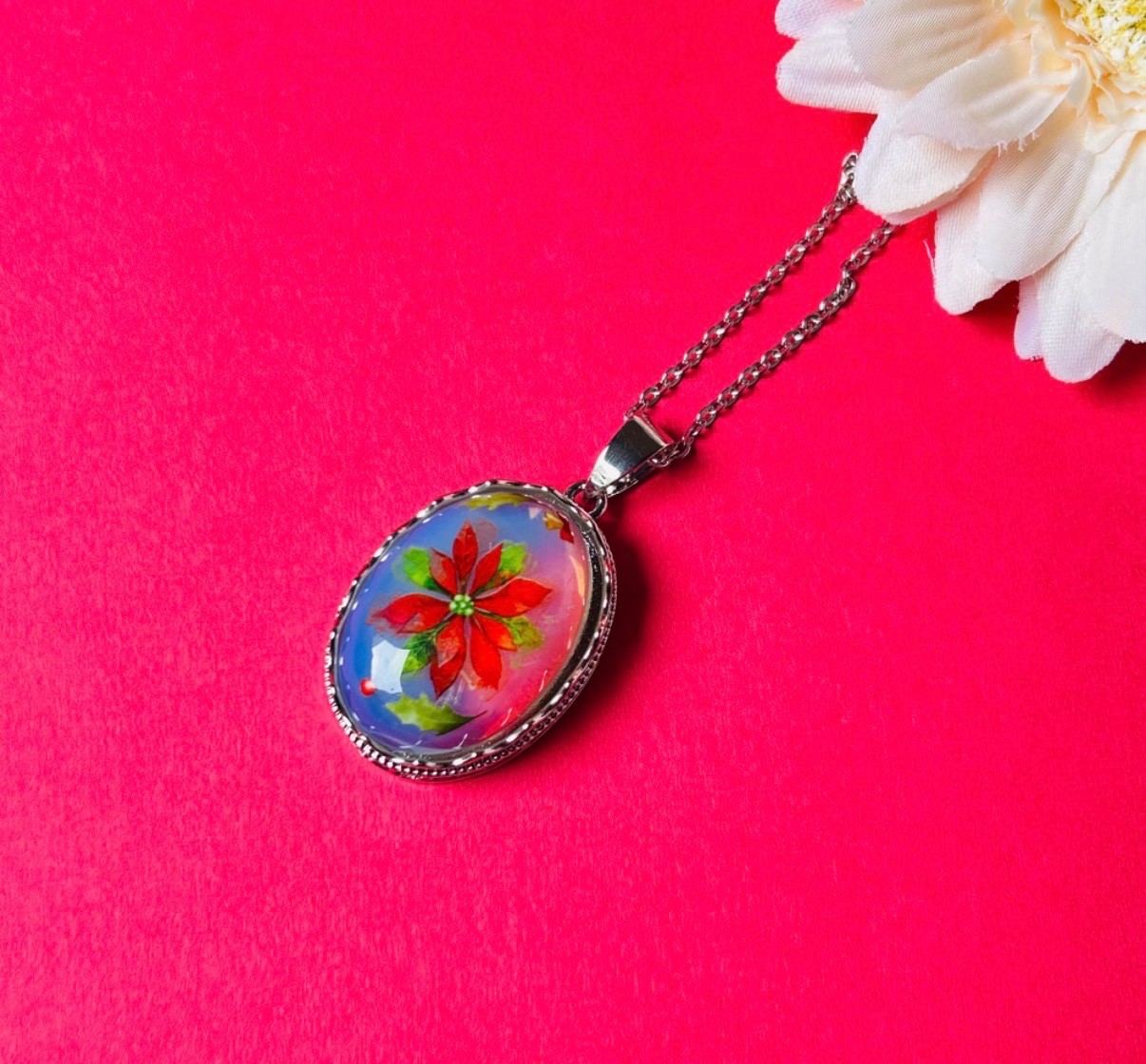 Opal Poinsettia Necklace | October Birthstone | Christmas Floral Pendant |
