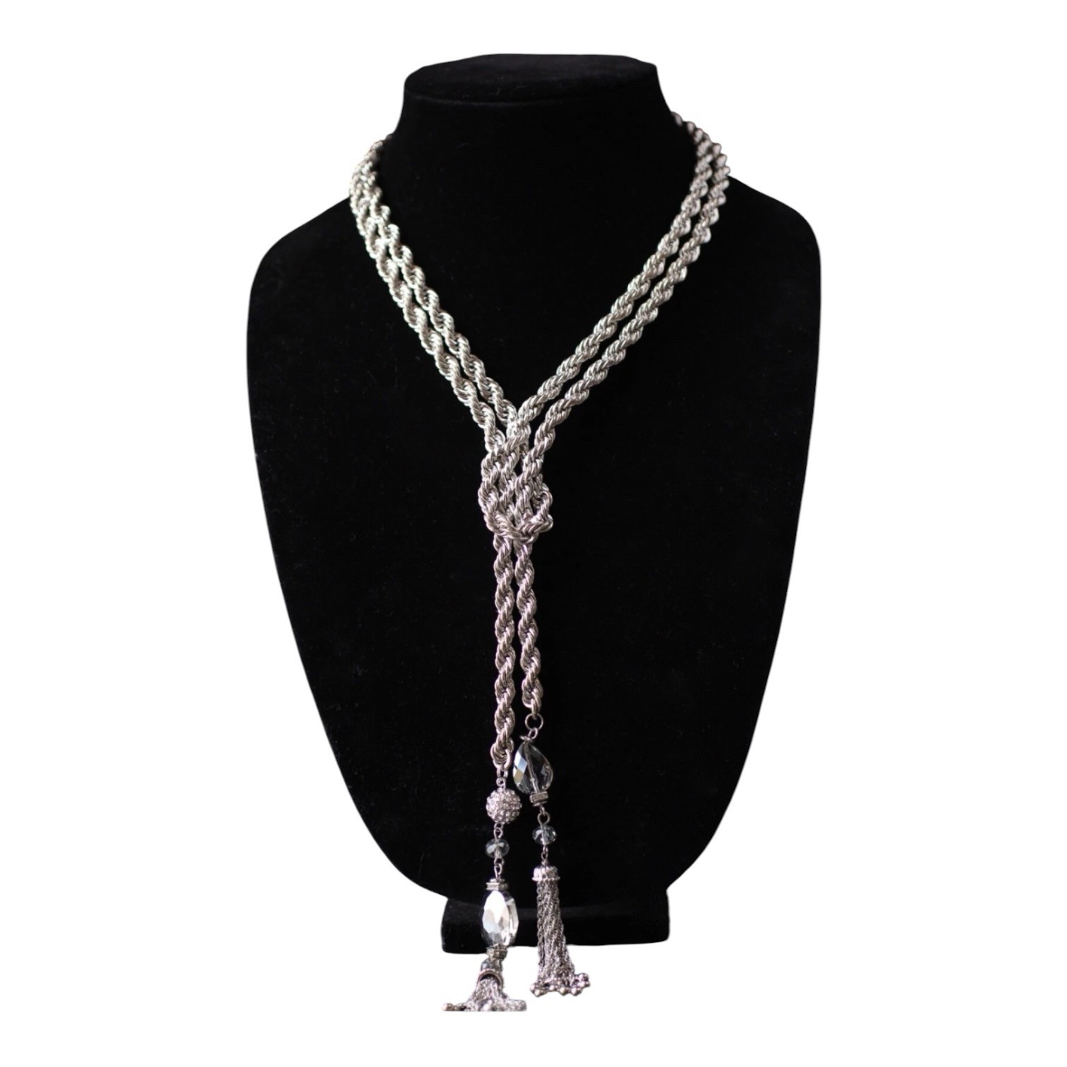 NEW Traci Lynn Silver Rope Lariat Necklace Crystal Drop 17”- 20” Statement Piece