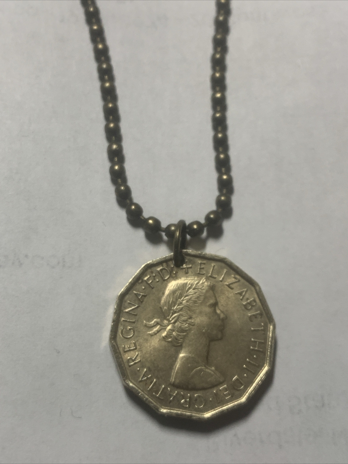 1967 UK 3 Pence Coin Pendant London. Queen Elizabeth 24” Necklace. Great Gift 🎁