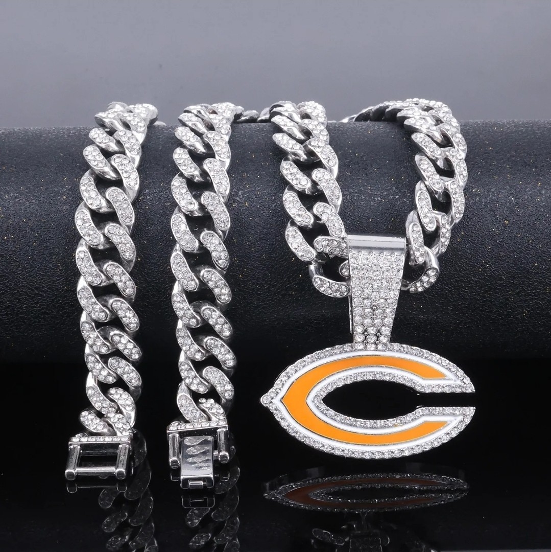 CHICAGO BEARS GEM NECKLACE SILVER BLING NFL Football Pendant & 24″ Chain