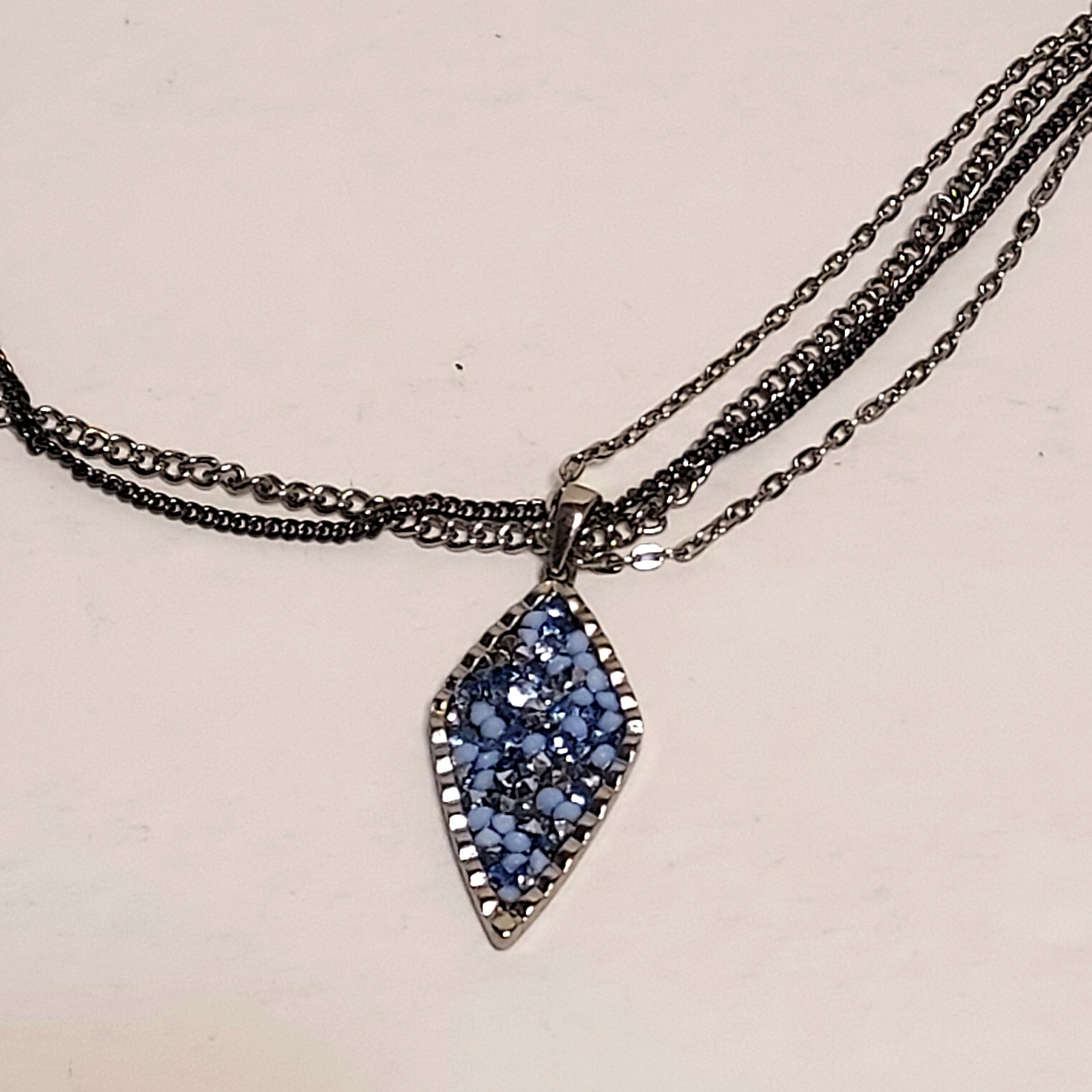 Blue Beaded Diamond Shaped Necklace Pendant With Multiple Chains 12 Inches