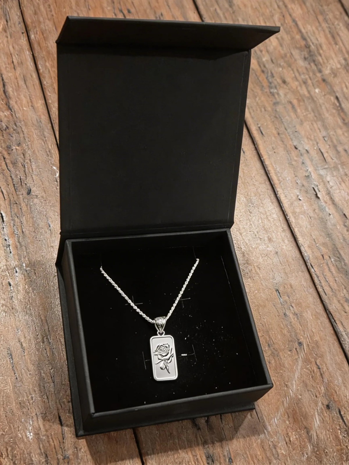 1 Gram .999 Fine Silver Rose Flower Bar Pendant in Sterling Silver Bezel & Chain