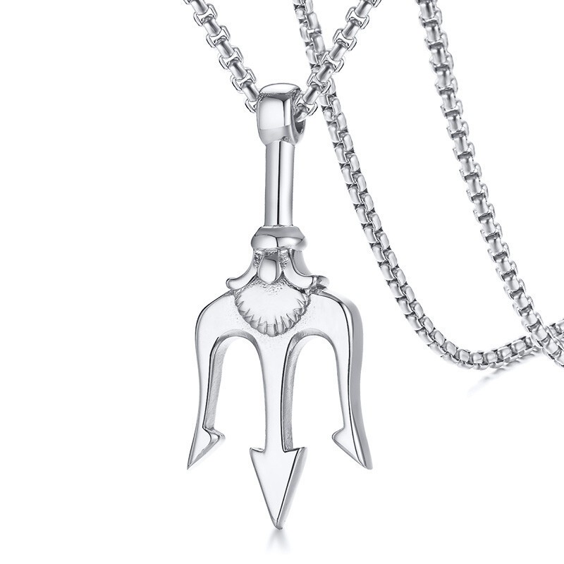 Silver Punk Trident Three-pronged Spear Pendant Necklace Chain Biker Jewelry Men