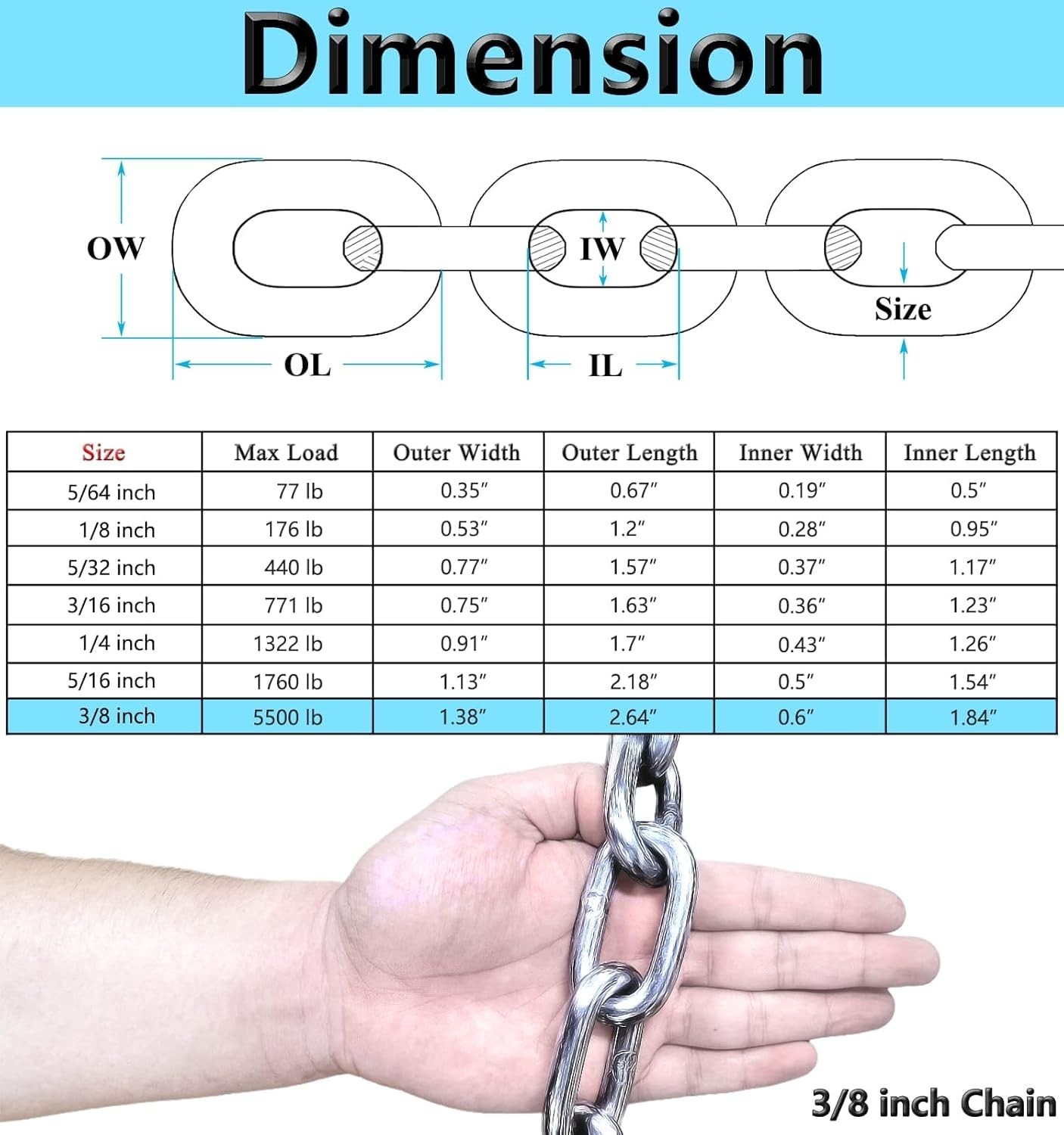 Stainless Steel Chain 3/8in Heavy Duty 6.5ft Security Load 5500lb