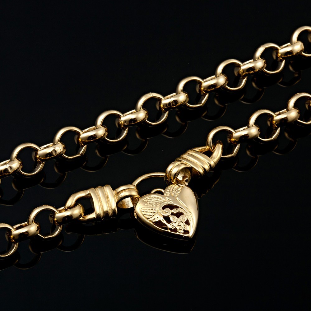 18K GL Thick Solid Rolo Yellow Gold Chain Necklace Half Filigree Heart Padlock