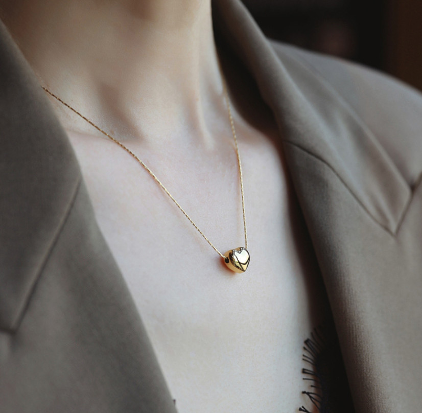 14K Gold Stainless Steel Puff Heart Pendant Necklace 16-18″ Chain Women AC