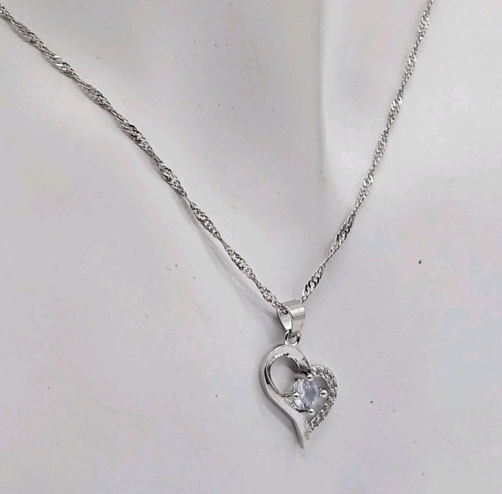 Silver Tone Crystal Heart Pendant Necklace Earrings – Womens Fashion Jewelry Set