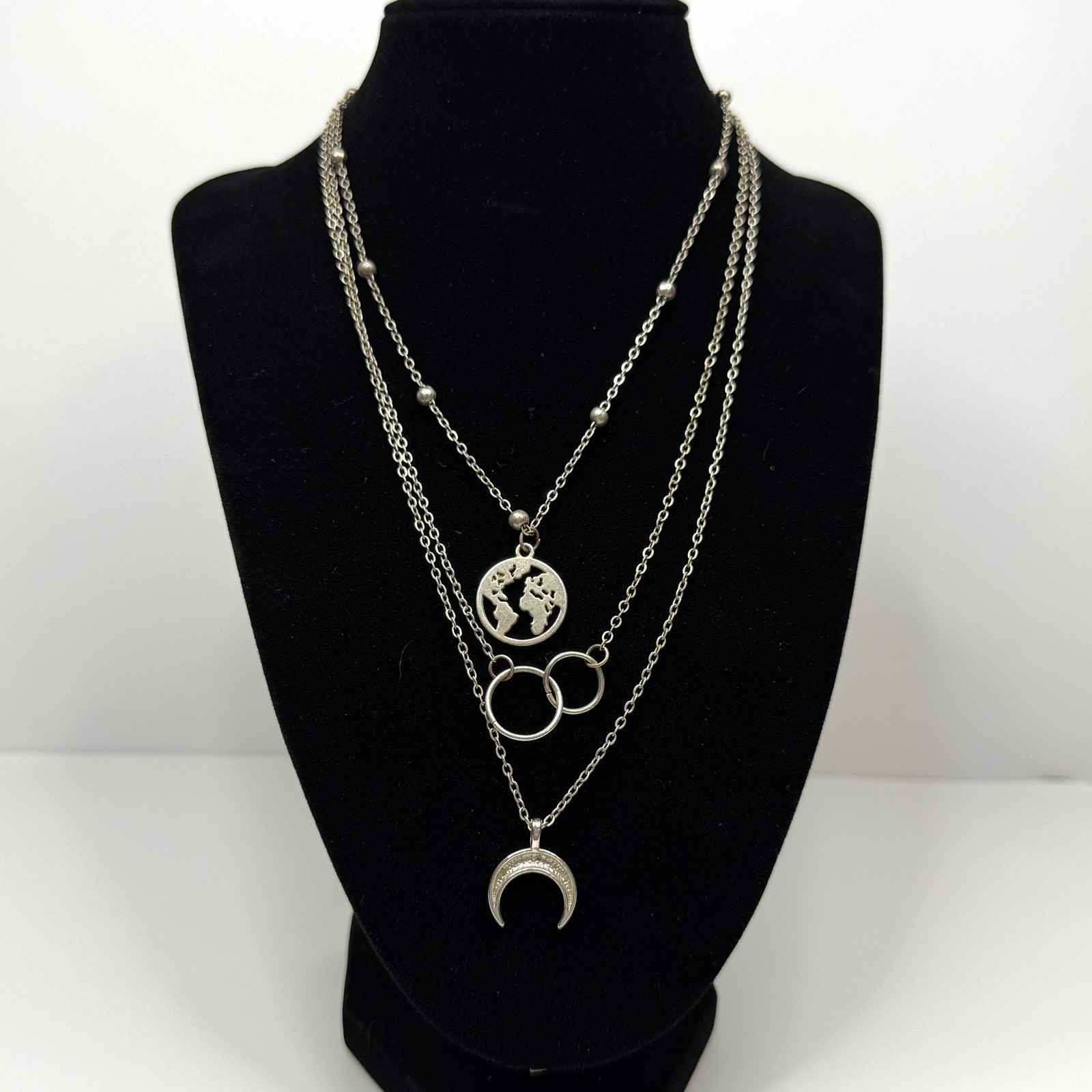 Layered Crescent Charm Pendants Necklace Silver Tone Globe Circle Jewelry 9.5 in