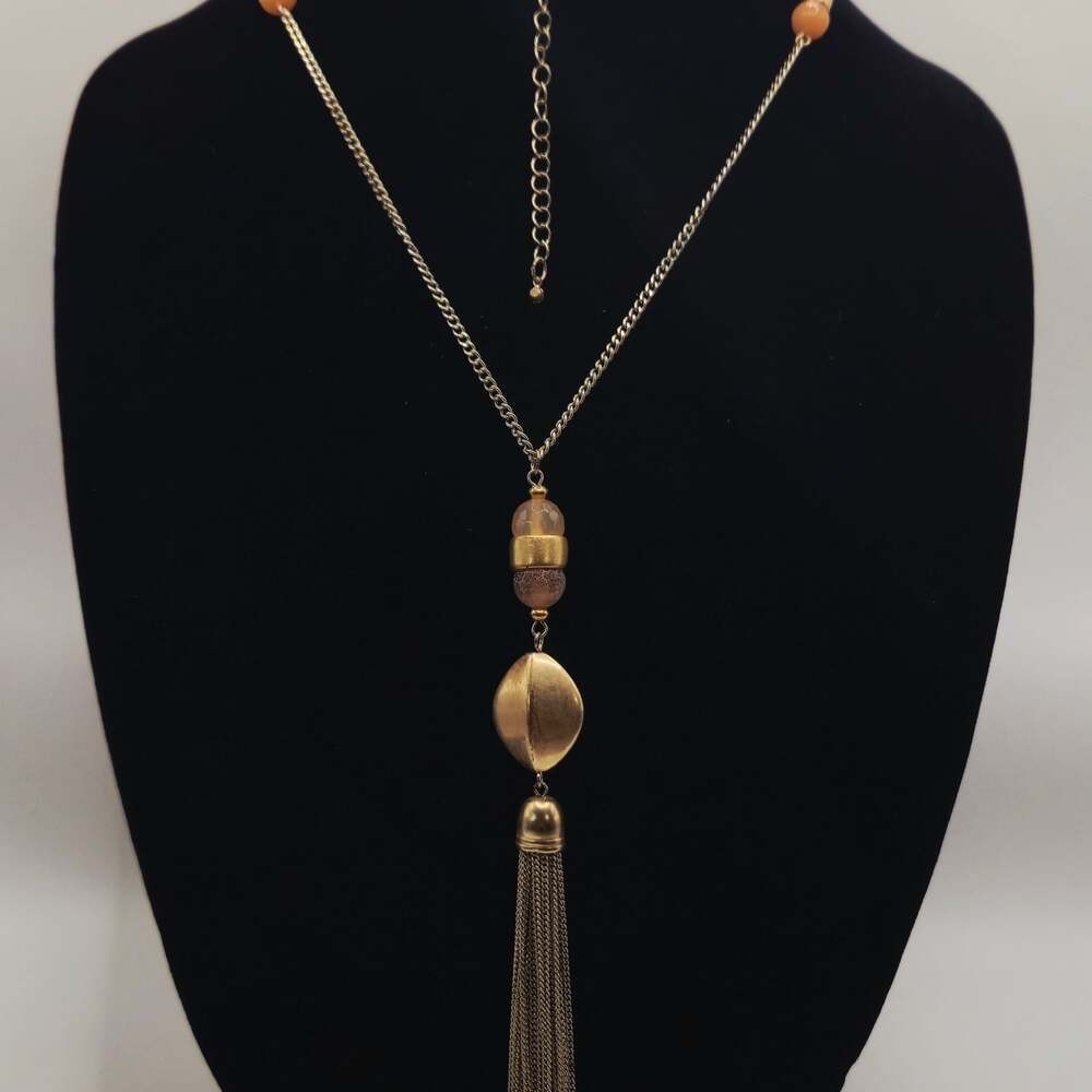 Gold-Tone Chain Necklace with Tassel and Beaded Pendant