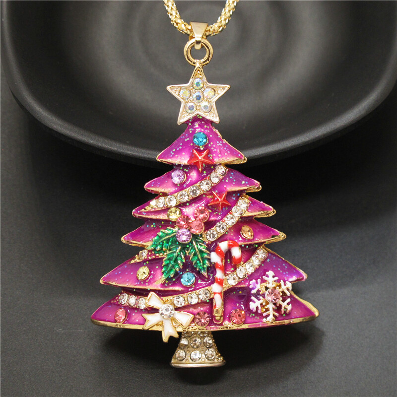 Fashion Women Cute Rose Enamel Christmas Tree Crystal Pendant Chain Necklace