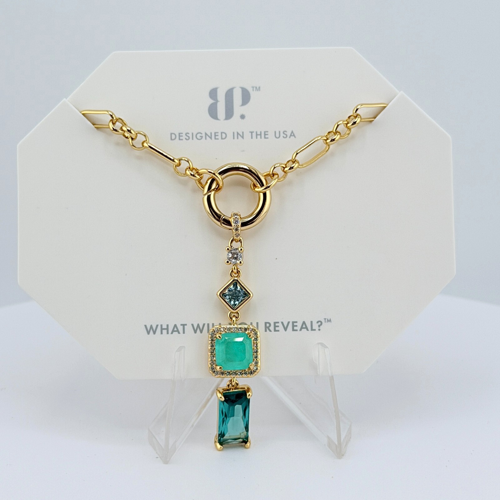 Bomb Party Necklace “She’s Everything” Gradient of Aquamarine Topaz Yellow Gold