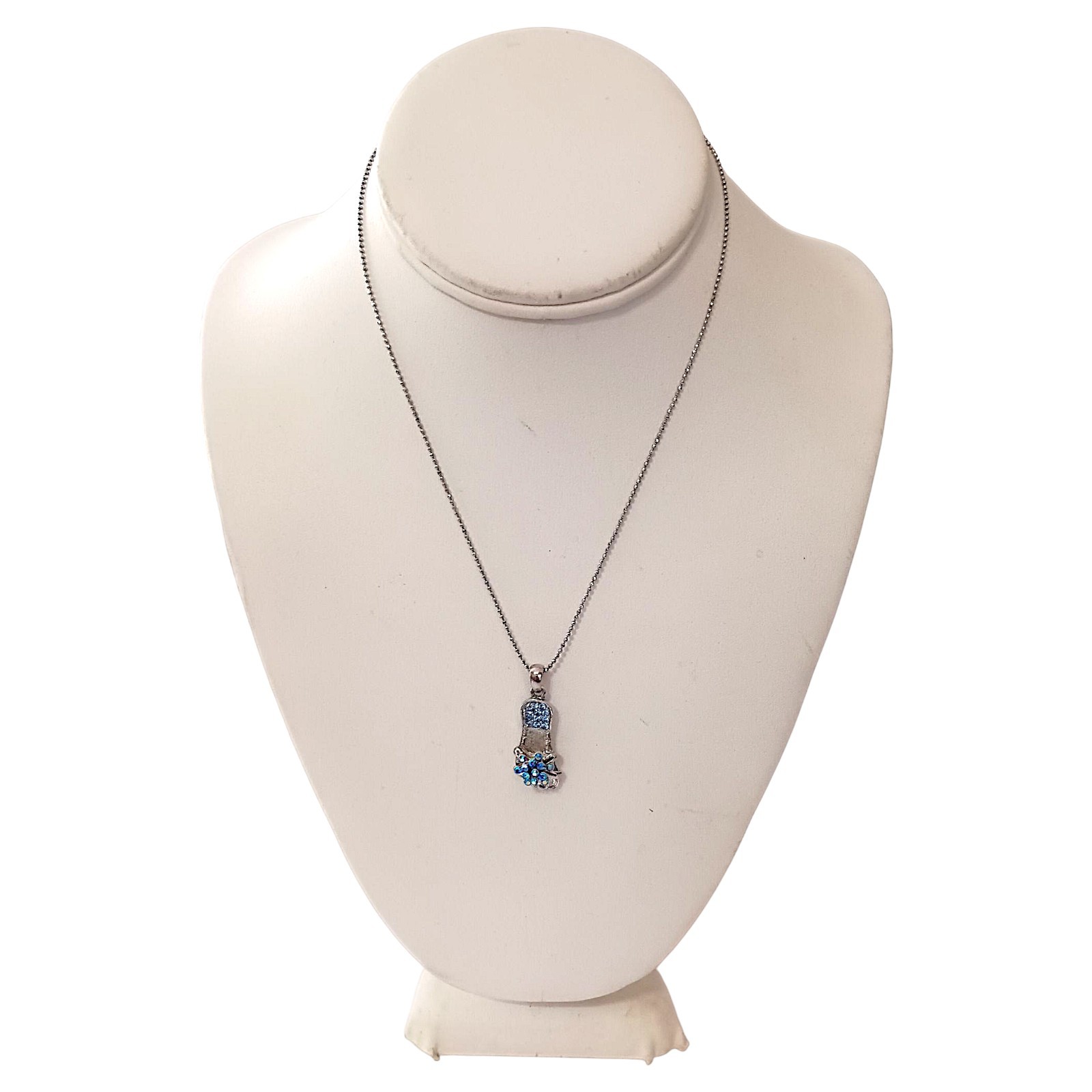 Vtg Blue Rhinestone Flip Flop Pendant Necklace Beach Coastal Y2K Silver Tone