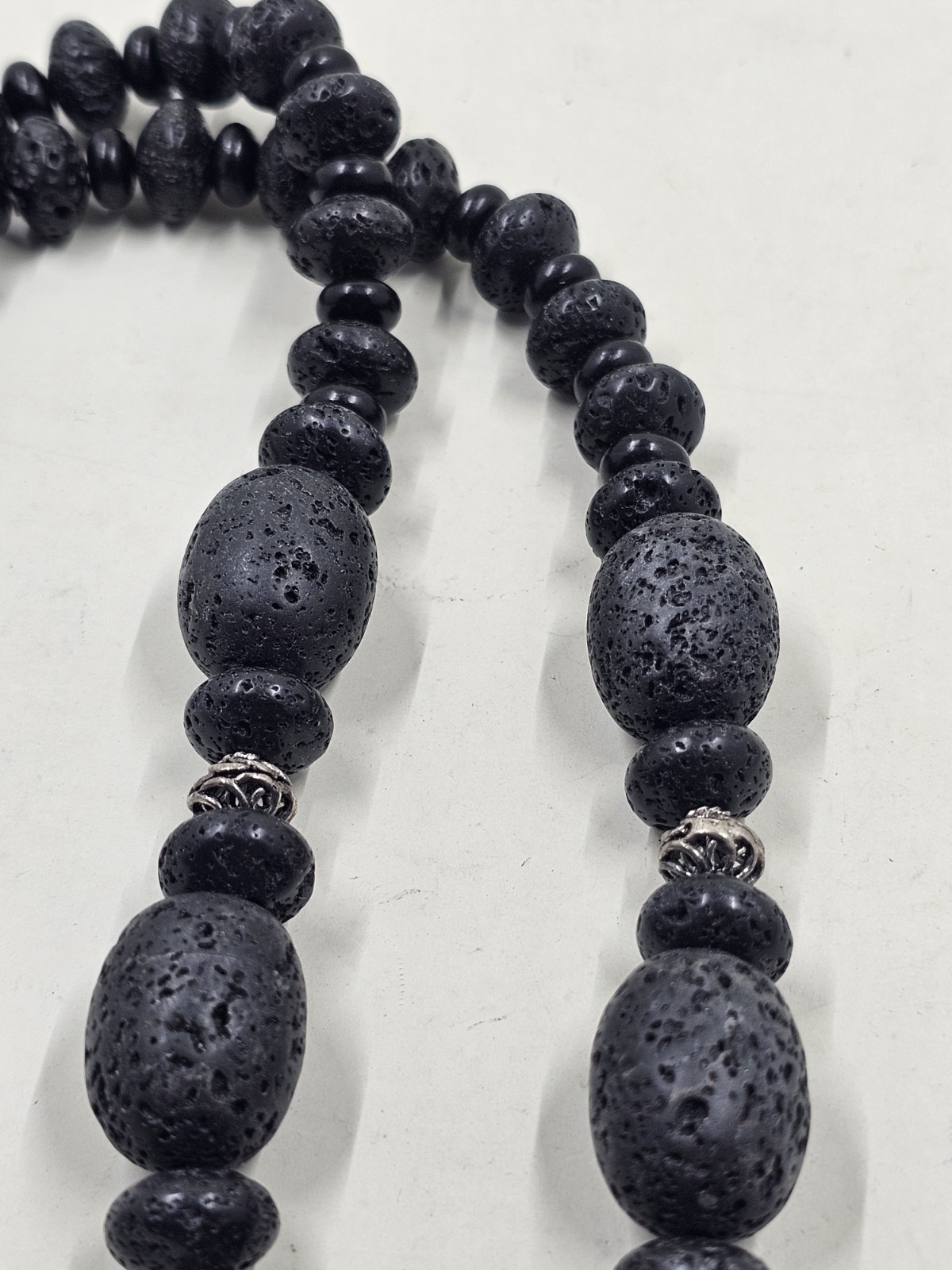 Black Lava Rock Bead Necklace Silver Accent Beads Large Pendant 20″ Statement