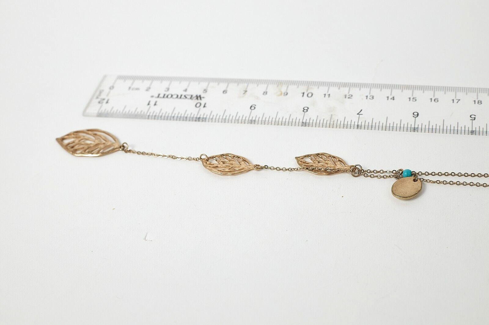 Gold Tone Open Metalwork Triple Leaf “Y” Necklace 24″ long + 3″ extender