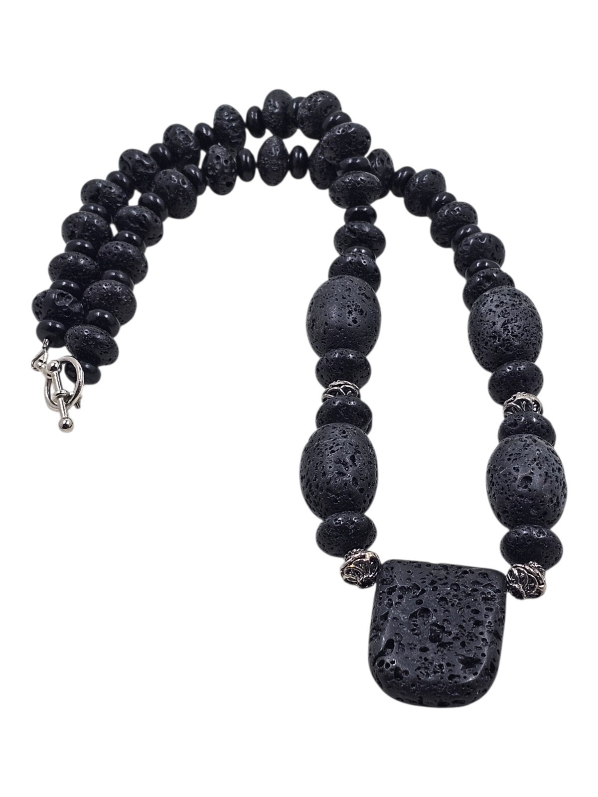 Black Lava Rock Bead Necklace Silver Accent Beads Large Pendant 20″ Statement