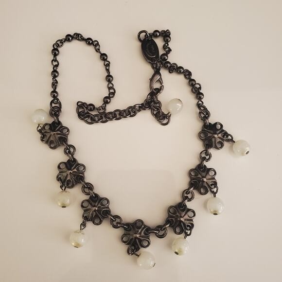 Babylone Paris Gunmetal Floral Pearl Drop Necklace French Designer Jewelry