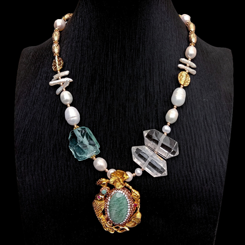 Cultured White Pearl Quartz Double Point Necklace Green Amazonite Cz Pendant