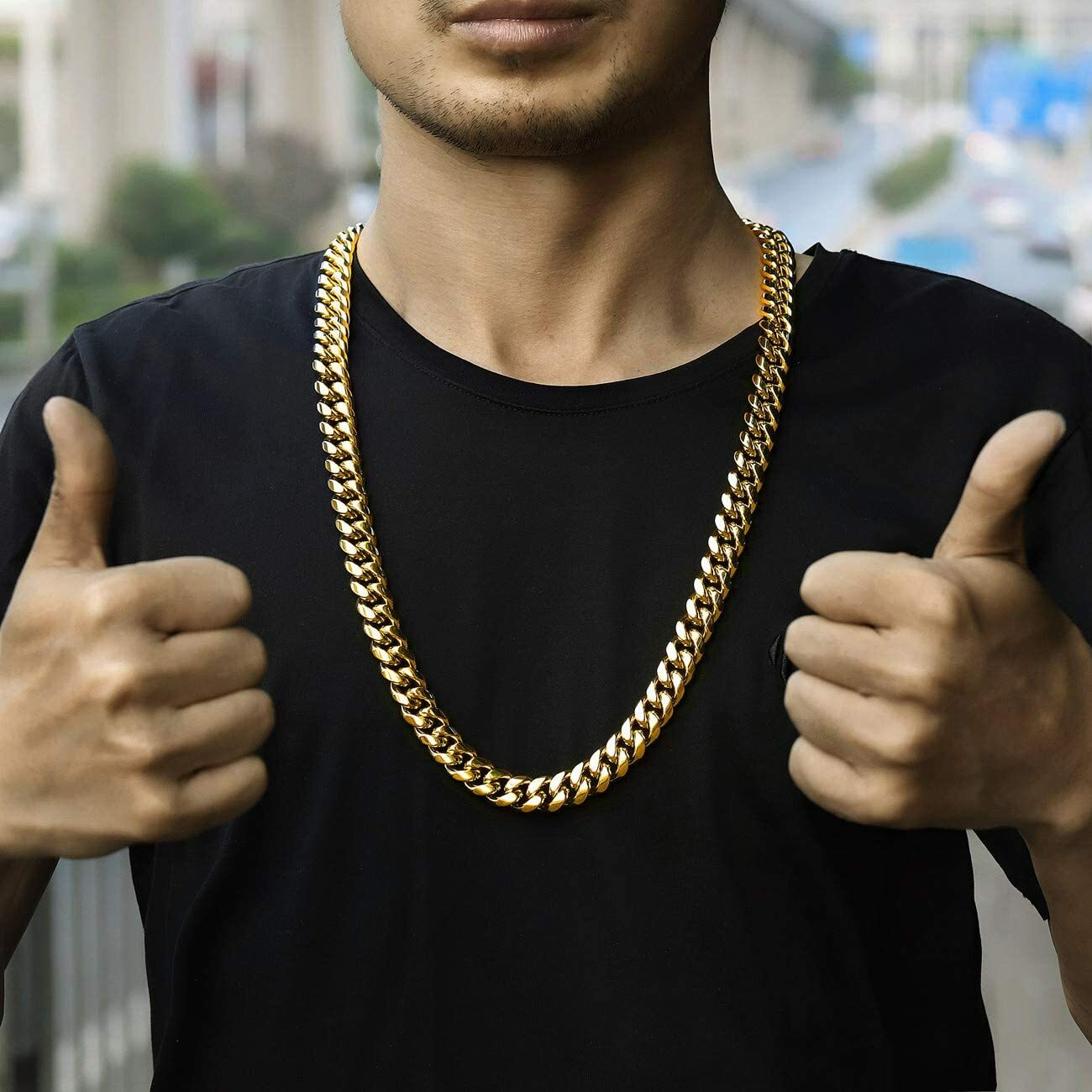 Heavy Gold Plated Stainless Steel Miami Cuban Link Curb Necklace 14mm 18-30 inch