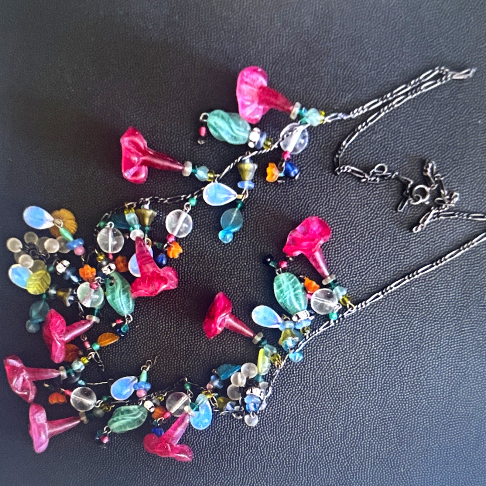 Multicolor Multi-Strand Beaded Charm Necklace Glass & Crystal Silver