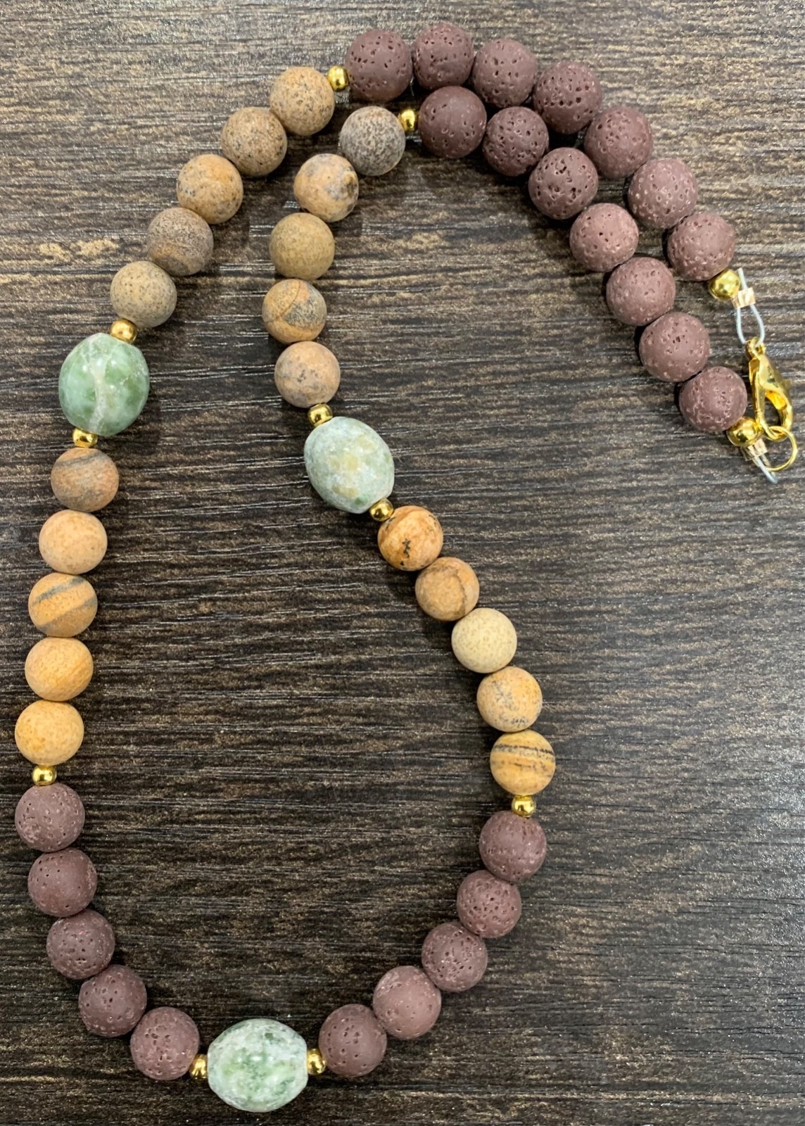 18″ Brown Lava Bead and Brown, Tan, and Green Jasper Bead Necklace