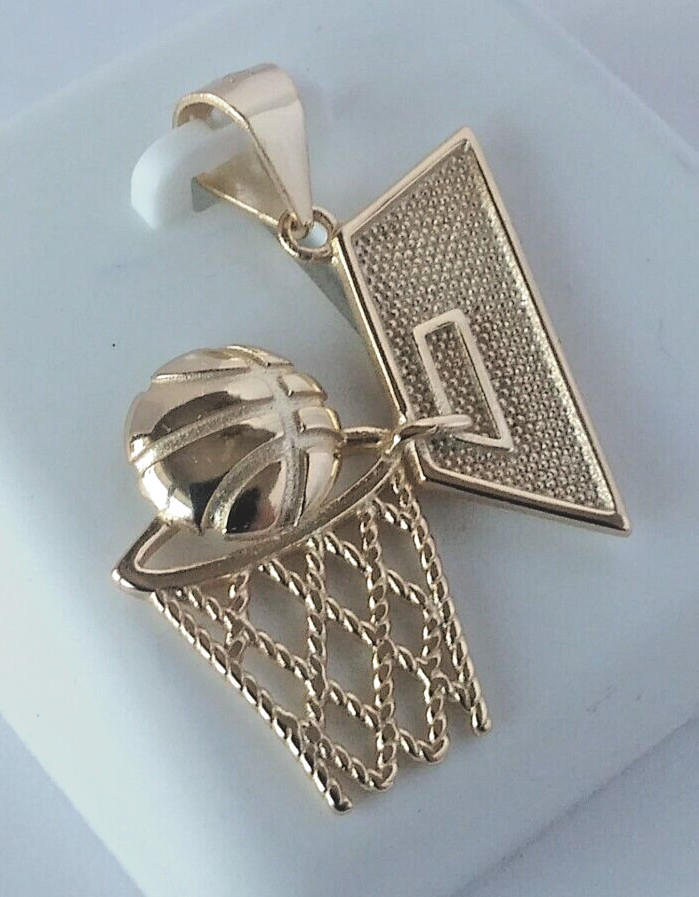 New 28x18mm 925 Sterling SILVER BASKETBALL & HOOP pendant Gold Plated